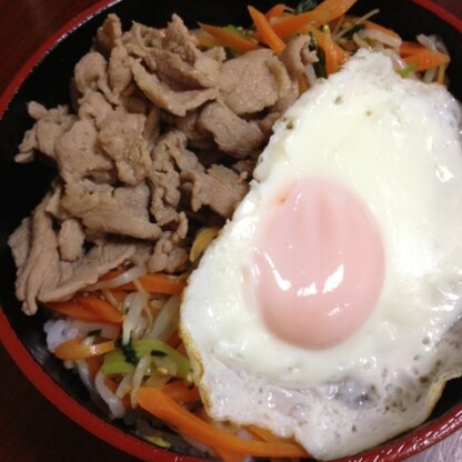 こんにちわ♪ 初ビビンバ丼、とても美味しかったです(´▽`*)  お野菜いっぱい、お肉に玉子で栄養満点ですね♡  ご馳走さまでした〜♪♪ また作ります！